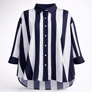 Lane Bryant Button Up Blouse Womens 26/28 Plus Blue White Striped Long Sleeve